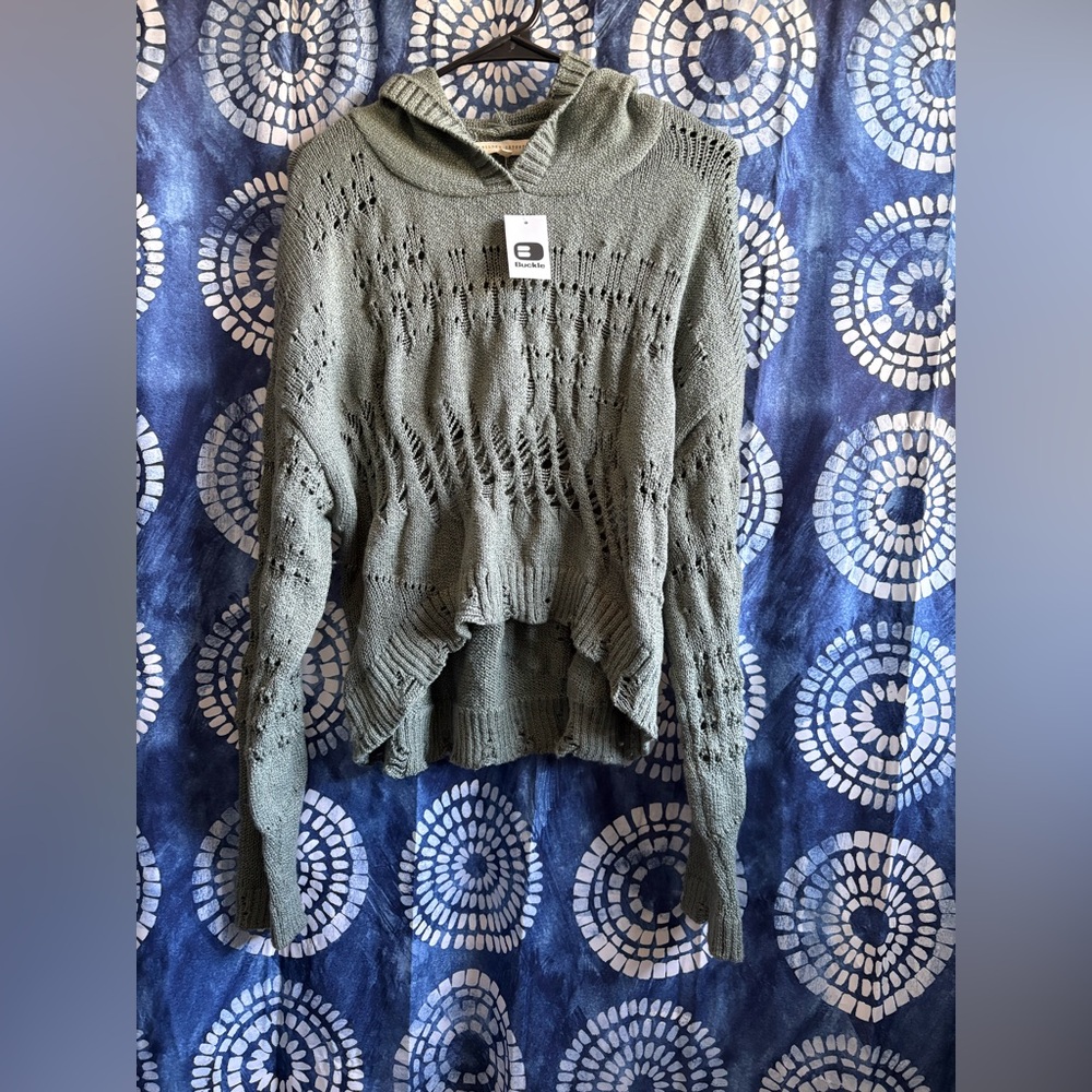 NWT Gilded Intent Olive Green Knit Distressed Cropped Sweater- with hood